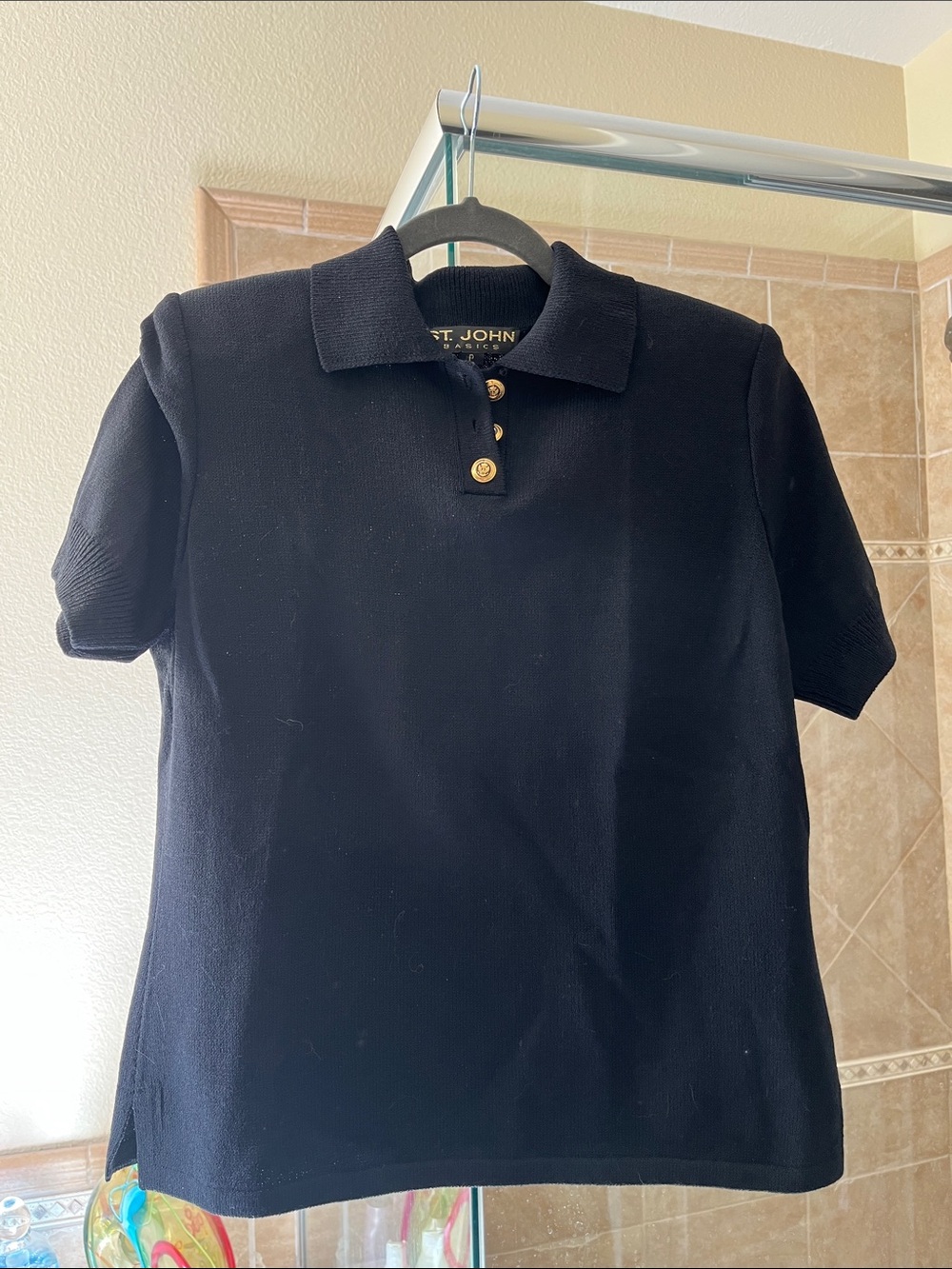 St. John Black Knit Polo with Gold-Tone Buttons